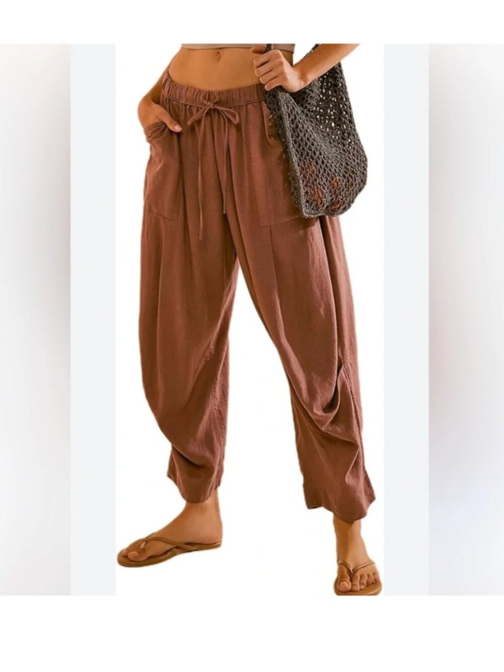 Free People Take Me With You Linen Harem Pants S Slouchy Pull on Red Antique Oak